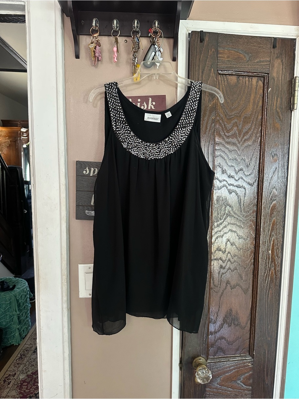 Avenue Black Chiffon Sleeveless Camisole with Beaded Scoop Neck